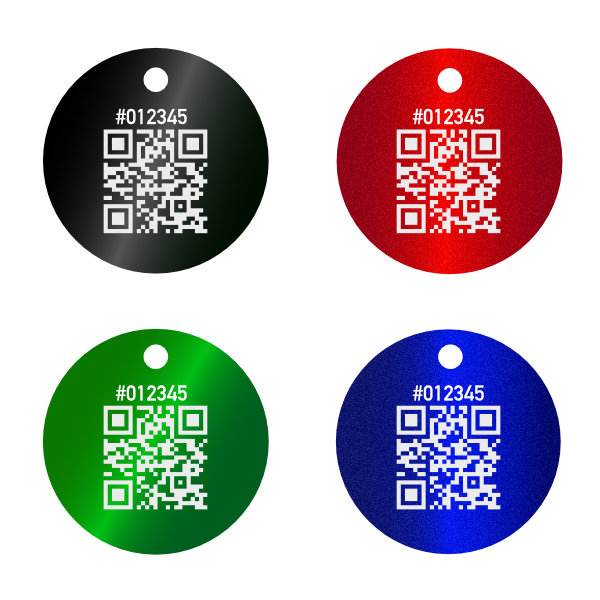 Baummarken, Ronden, ø 35 mm, Stärke 1 mm, QR-Code, Aluminium eloxiert, Lasergravur Baummarken, Ronden, ø 35 mm, Stärke 1 mm, QR-Code, Aluminium eloxiert, Lasergravur