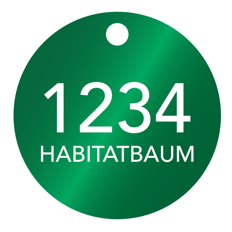 Habitatbaum Plaketten, ø 50 mm, Stärke 1 mm, Bohrung 4,0mm, Aluminium eloxiert, 2-zeilige Laserbeschriftung